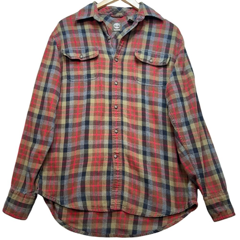 Timberland Men's Flannel Button Up Shirt Long Sleeve Sz M Red Blue Plaid Pockets